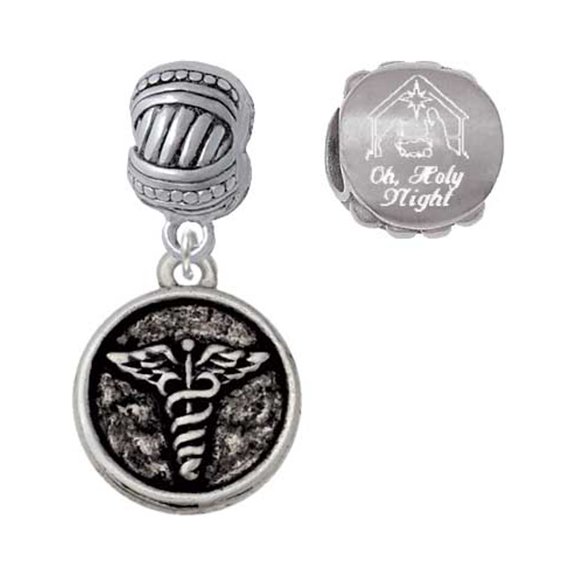 Silvertone Medical Caduceus Seal - Come Let us Adore Him Charm Beads (Set of 2)