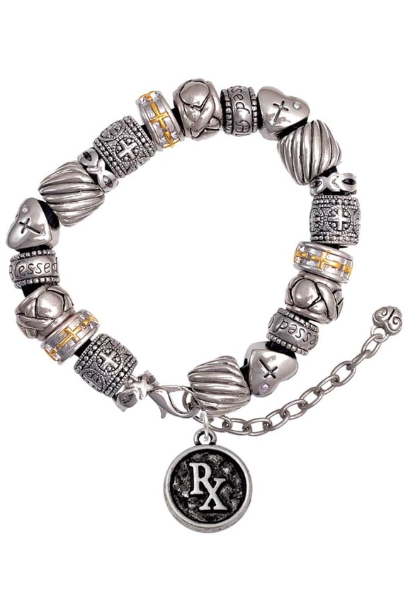 Silvertone Medical Caduceus Seal - Rx Silver Tone Christian Bead Bracelet