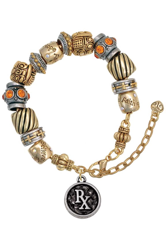 Silvertone Medical Caduceus Seal - Rx Two Tone Christian Bead Bracelet