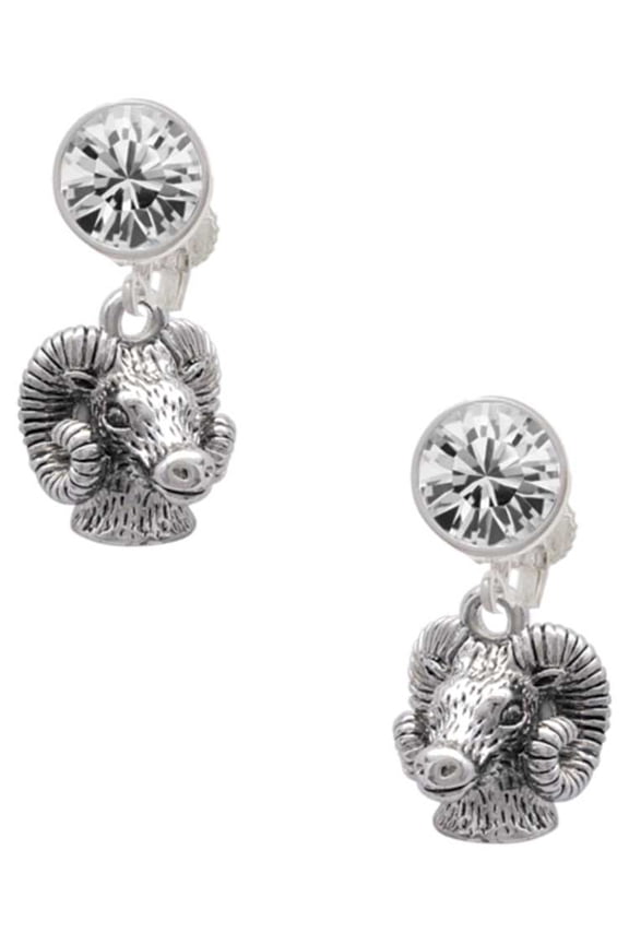 Silvertone Medium 3-D Ram Head Clear Crystal Clip On Earrings