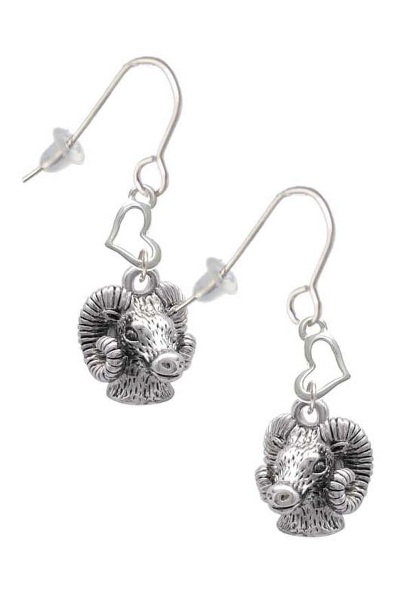 Silvertone Medium 3-D Ram Head Heart French Earrings