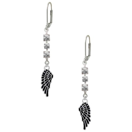 Silvertone Medium Black Enamel Angel Wing Crystal Madison Leverback Earrings