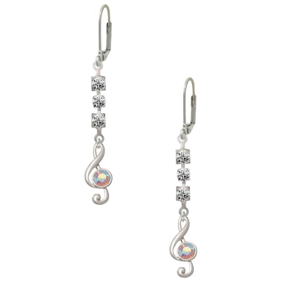 Silvertone Medium Clef with AB Crystal Crystal Madison Leverback Earrings