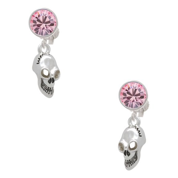 Delight Jewelry Silvertone Medium Skull Pink Crystal Clip on Earrings