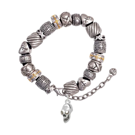 Silvertone Medium Skull Silver Tone Christian Bead Bracelet