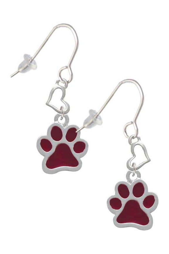 Silvertone Medium Translucent Maroon Paw Heart French Earrings