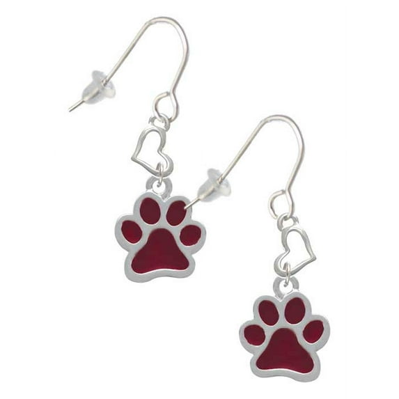 Silvertone Medium Translucent Maroon Paw Heart French Earrings