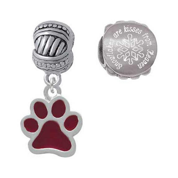 Silvertone Medium Translucent Maroon Paw Snowflakes are Kisses from Heaven Charm Beads (Set of 2)
