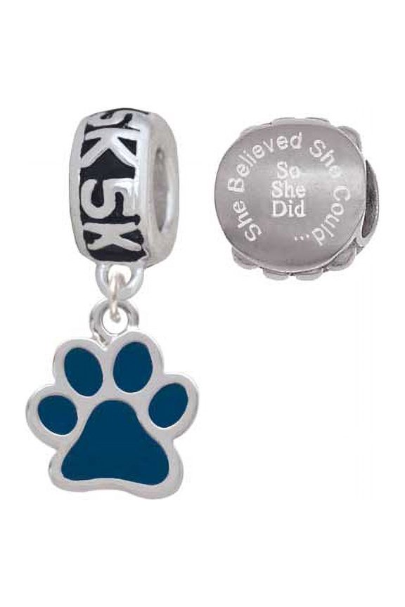 Silvertone Medium Translucent Navy Paw 5K Run She Believed She Could Charm Beads (Set of 2)