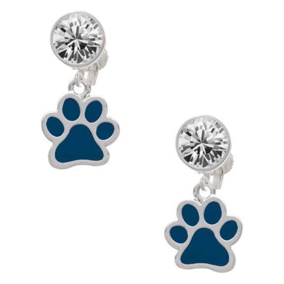 Silvertone Medium Translucent Navy Paw Clear Crystal Clip On Earrings