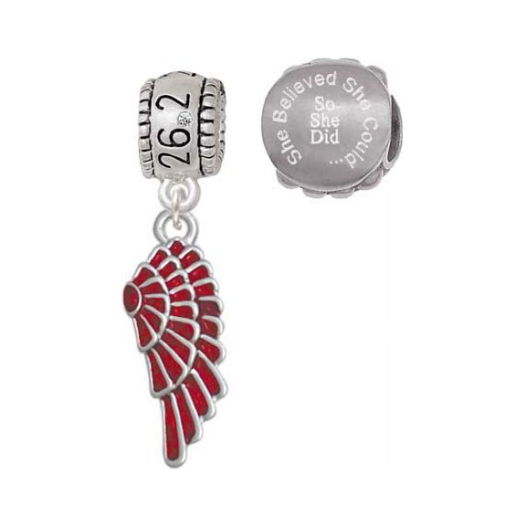 Silvertone Medium Translucent Red Angel Wing 26.2 Marathon Run She Believed She Could Charm Beads (Set of 2)