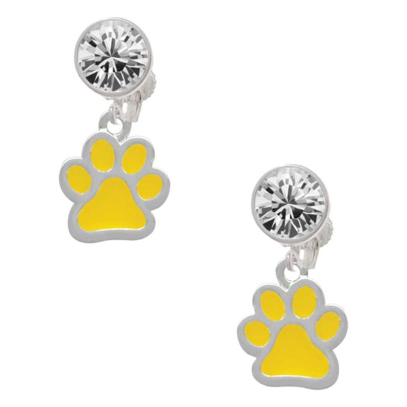 Silvertone Medium Translucent Yellow Paw Clear Crystal Clip On Earrings