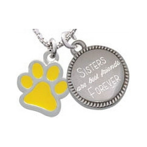 Silvertone Medium Translucent Yellow Paw Sisters Are Best Friends Forever Engraved Necklace