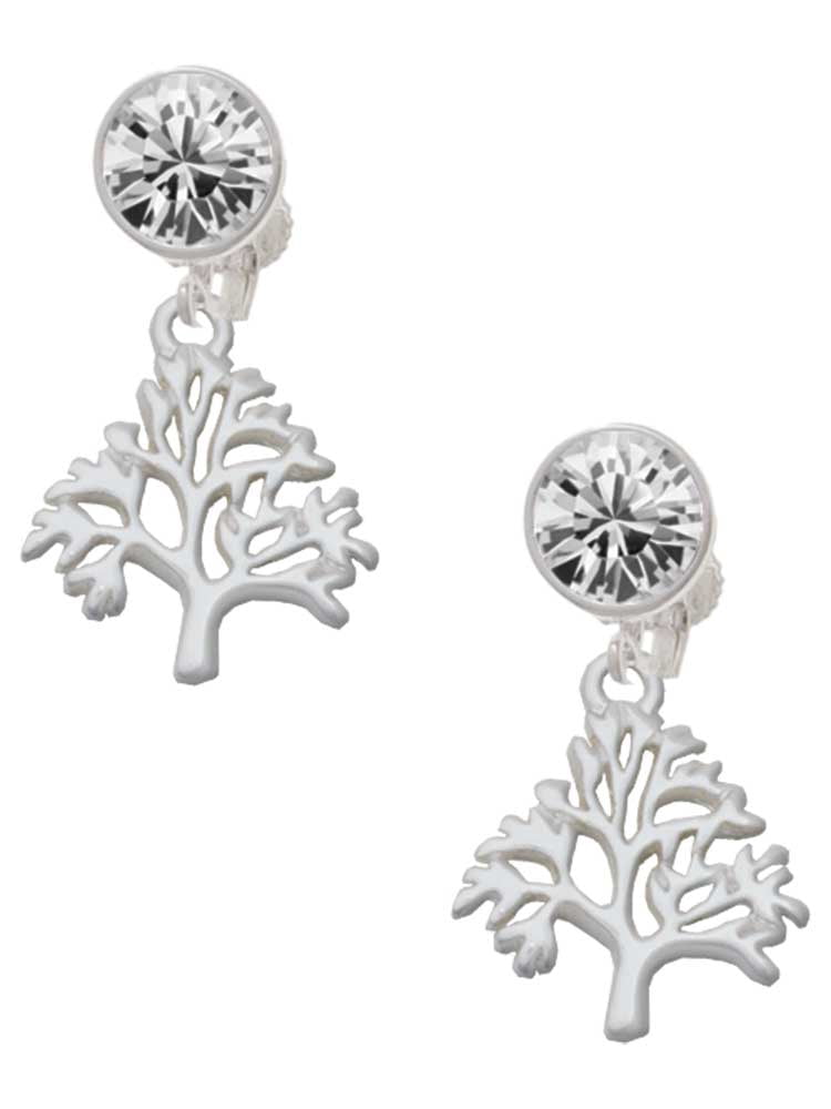 Silvertone Medium Tree of Life Clear Crystal Clip On Earrings