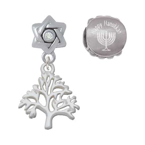 Silvertone Medium Tree of Life Happy Hanukkah Charm Beads (Set of 2)