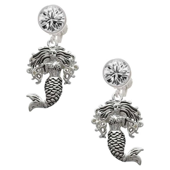 Silvertone Mermaid Clear Crystal Clip On Earrings