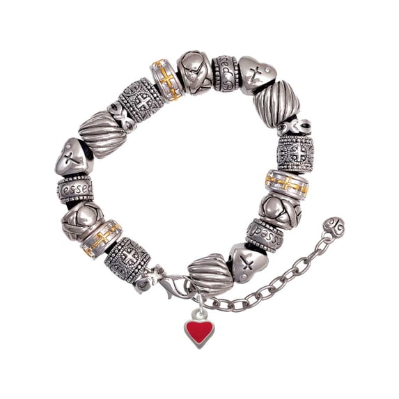Silvertone Mini 2-D Red Heart Silver Tone Christian Bead Bracelet