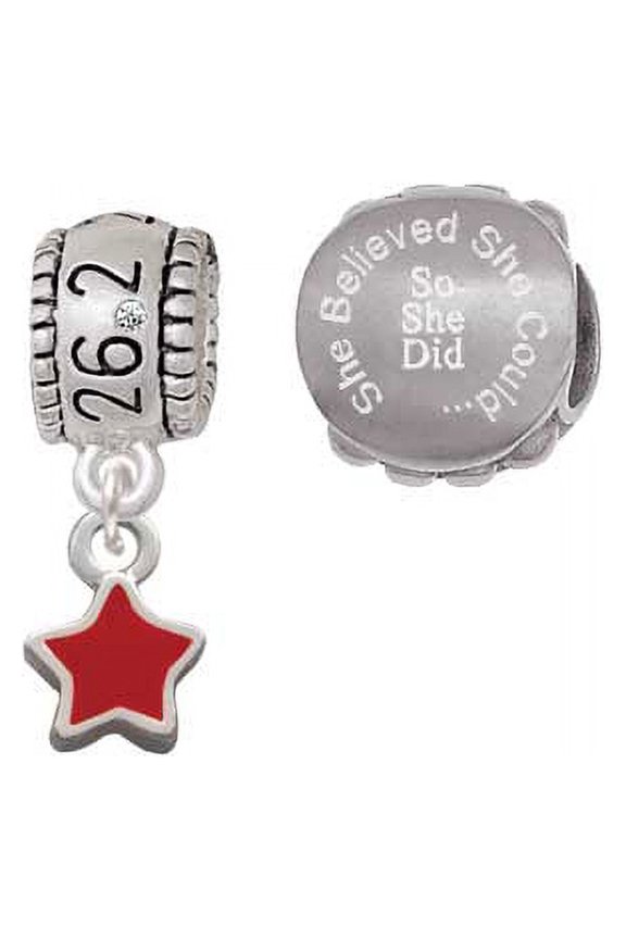 Silvertone Mini 2-D Red Star 26.2 Marathon Run She Believed She Could Charm Beads (Set of 2)