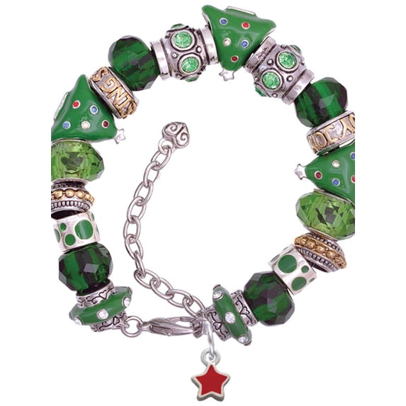 Silvertone Mini 2-D Red Star Green Christmas Bead Bracelet