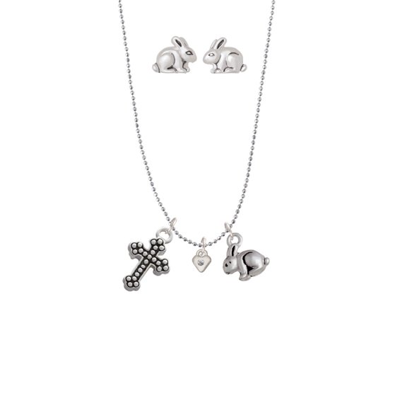 Silvertone Mini April - Clear Crystal Heart Silver Tone Cross and Bunny Necklace and Earrings Set
