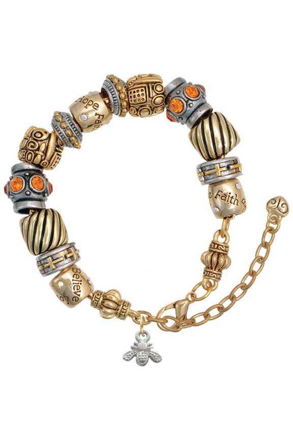 Silvertone Mini Bee Two Tone Christian Bead Bracelet