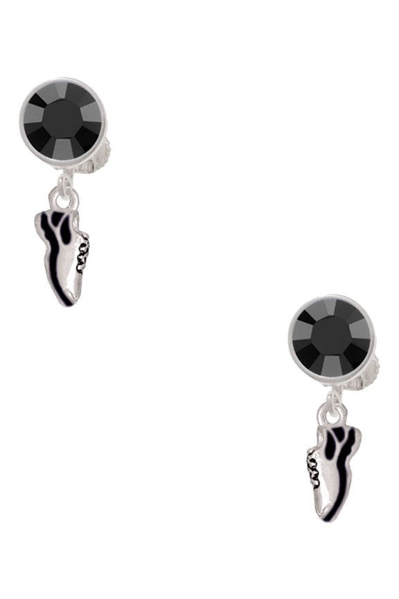 Silvertone Mini Black Running Shoe Black Crystal Clip on Earrings