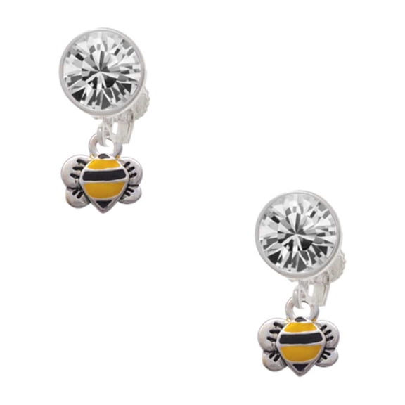 Silvertone Mini Bumble Bee Clear Crystal Clip On Earrings