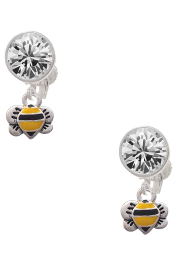 Silvertone Mini Bumble Bee Clear Crystal Clip On Earrings