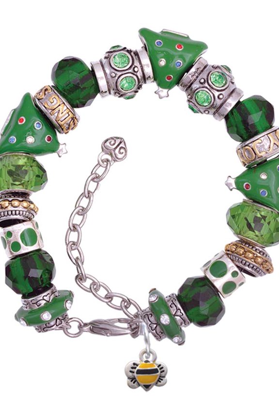 Silvertone Mini Bumble Bee Green Christmas Bead Bracelet