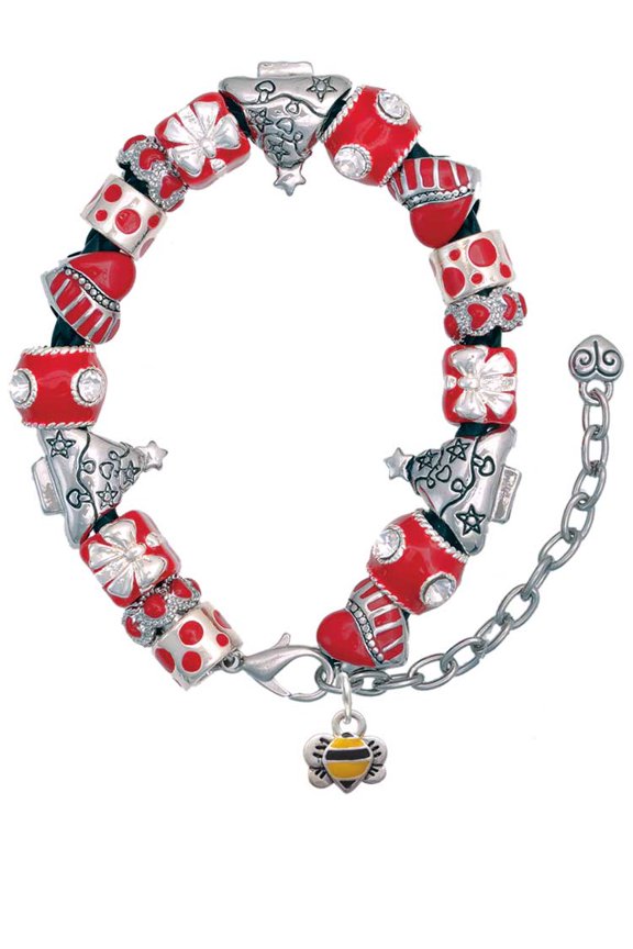 Silvertone Mini Bumble Bee Red Christmas Bead Bracelet