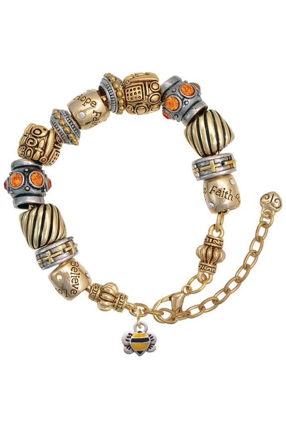 Silvertone Mini Bumble Bee Two Tone Christian Bead Bracelet