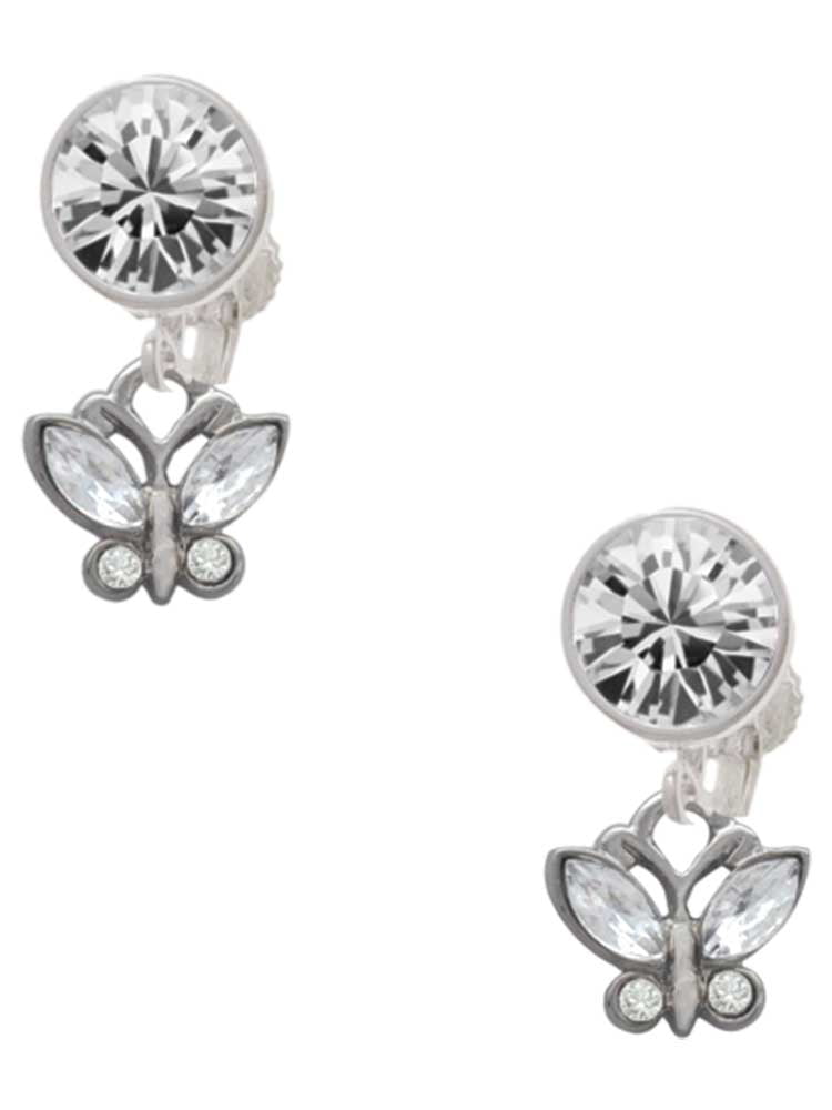 Silvertone Mini Butterfly with Clear Wings & Crystals Clear Crystal Clip On Earrings