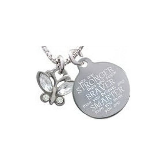 Silvertone Mini Butterfly with Clear Wings & Crystals Stronger Braver Smarter Engraved Necklace