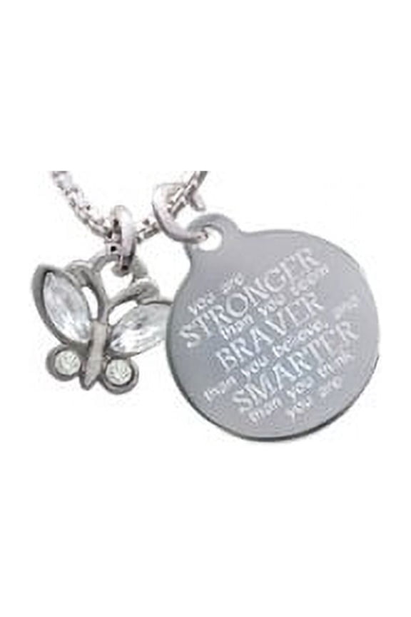 Silvertone Mini Butterfly with Clear Wings & Crystals Stronger Braver Smarter Engraved Necklace