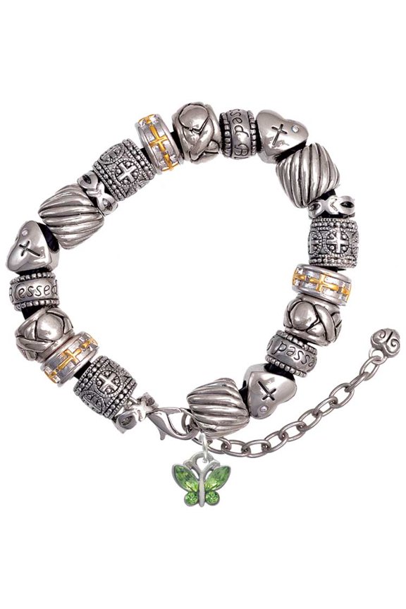 Silvertone Mini Butterfly with Green Wings & Crystals Silver Tone Christian Bead Bracelet