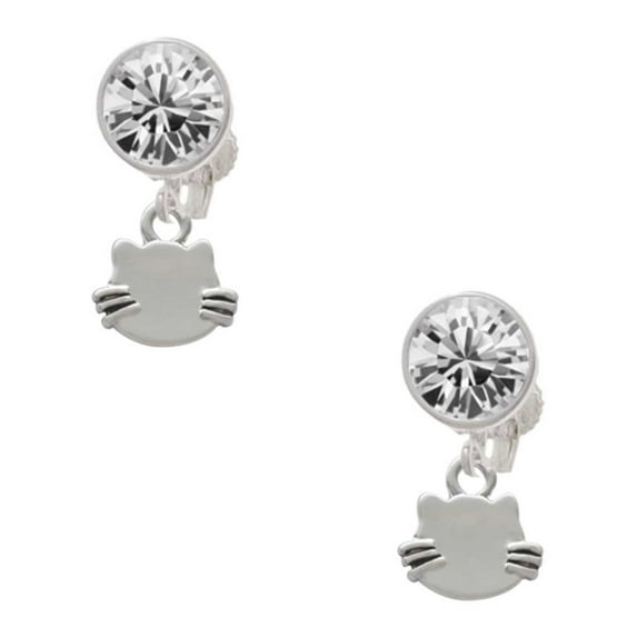 Silvertone Mini Cat Face with Whiskers Clear Crystal Clip On Earrings