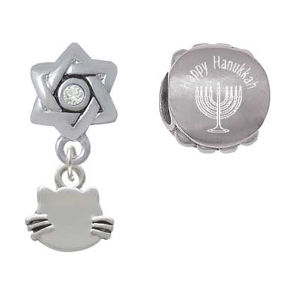 Silvertone Mini Cat Face with Whiskers Happy Hanukkah Charm Beads (Set of 2)