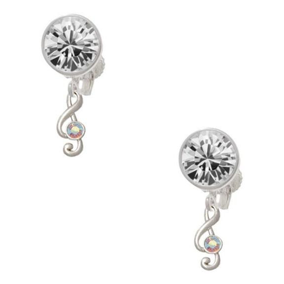 Silvertone Mini Clef with AB Crystal Clear Crystal Clip On Earrings