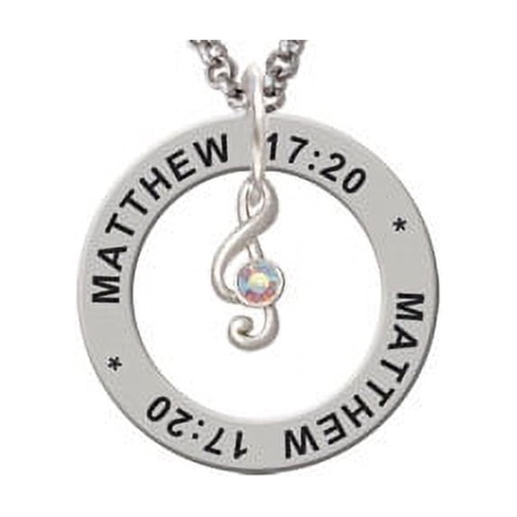 Silvertone Mini Clef with AB Crystal Matthew 17:20 Affirmation Ring Necklace