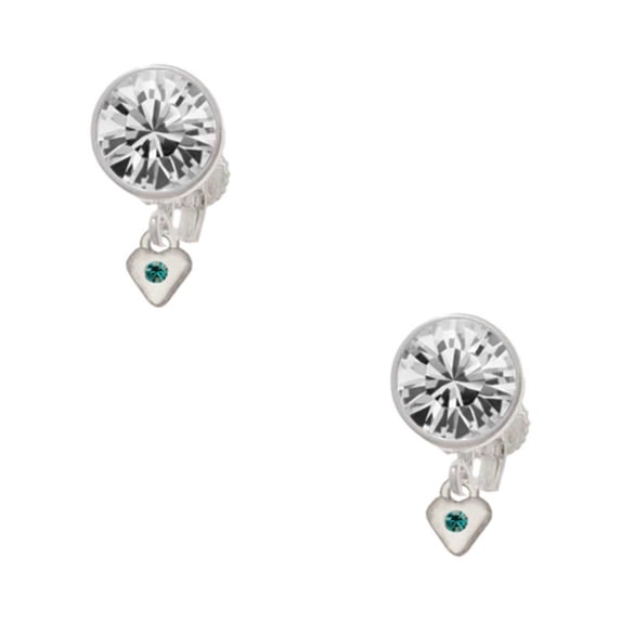 Silvertone Mini December - Teal Crystal Heart Clear Crystal Clip On Earrings