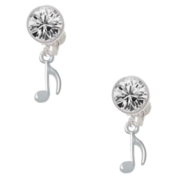 Silvertone Mini Eighth Note Clear Crystal Clip On Earrings