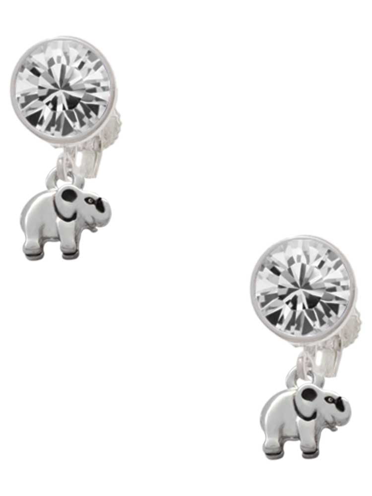 Silvertone Mini Elephant Clear Crystal Clip On Earrings