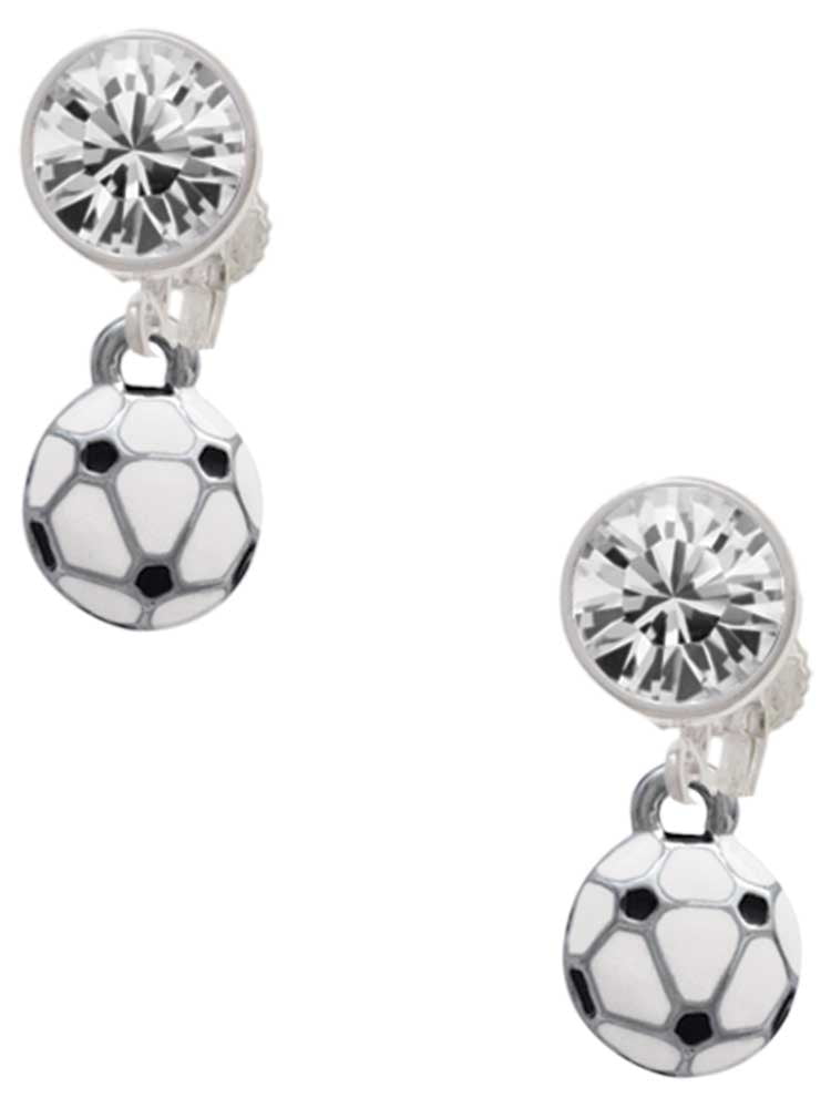 Silvertone Mini Enamel Soccer ball - Clear Crystal Clip On Earrings