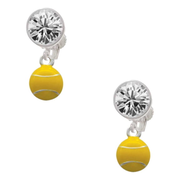 Silvertone Mini Enamel Tennis Ball Clear Crystal Clip On Earrings