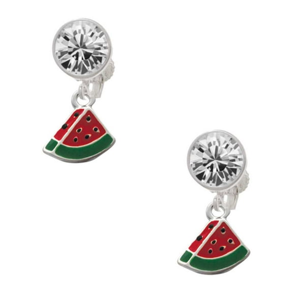Silvertone Mini Enamel Watermelon Slice Clear Crystal Clip On Earrings
