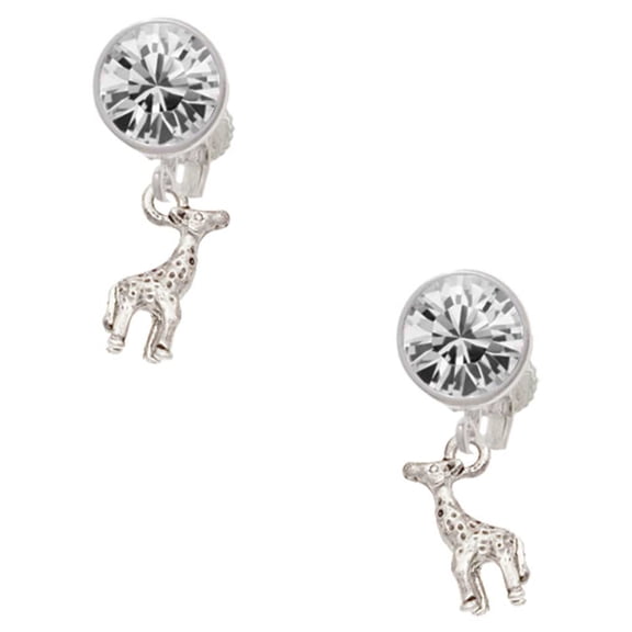 Silvertone Mini Giraffe Clear Crystal Clip On Earrings