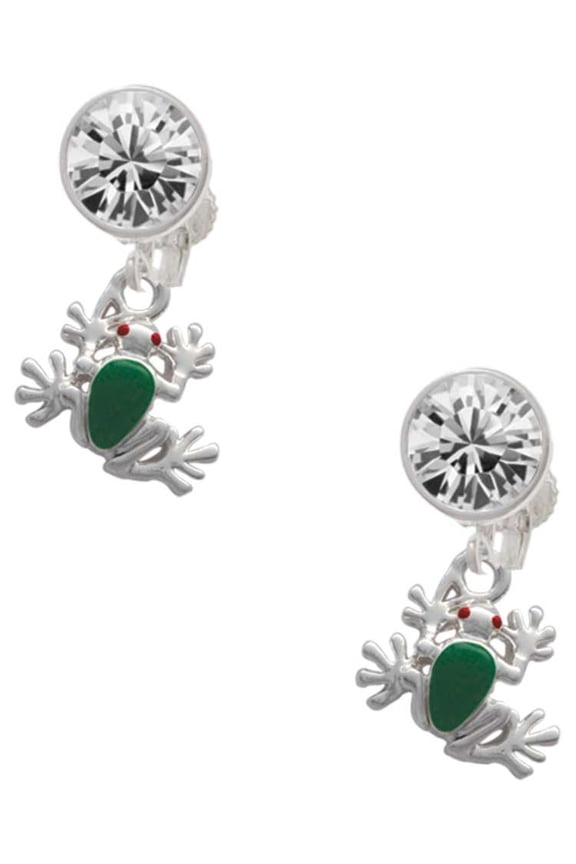 Silvertone Mini Green Tree Frog Clear Crystal Clip On Earrings