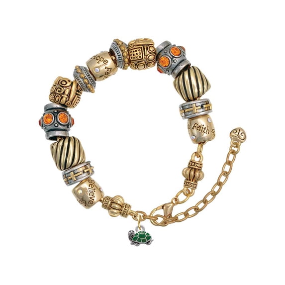 Silvertone Mini Green Turtle - Side Two Tone Christian Bead Bracelet