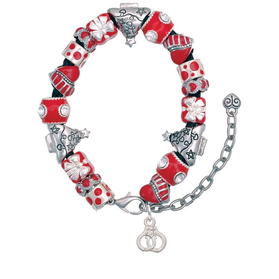 Silvertone Mini Handcuffs Red Christmas Bead Bracelet