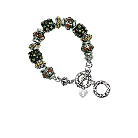 Silvertone Mini Heart Lock Fall Crystal Bead Charm Bracelet
